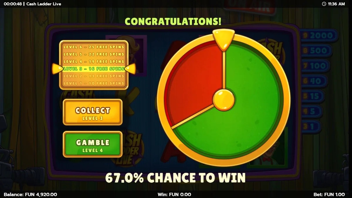 Interface do jogo de slot Cash Ladder Live com tema de estúdio de TV